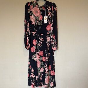 Johnny Was Black and Pink Long Sleeve Sundress with Crew Neck